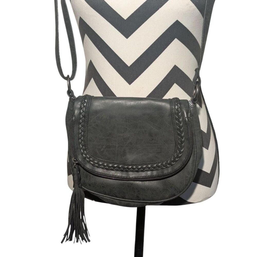 American Eagle Outfitters Faux Leather Saddle Crossbody Bag Gray Braided Tassel